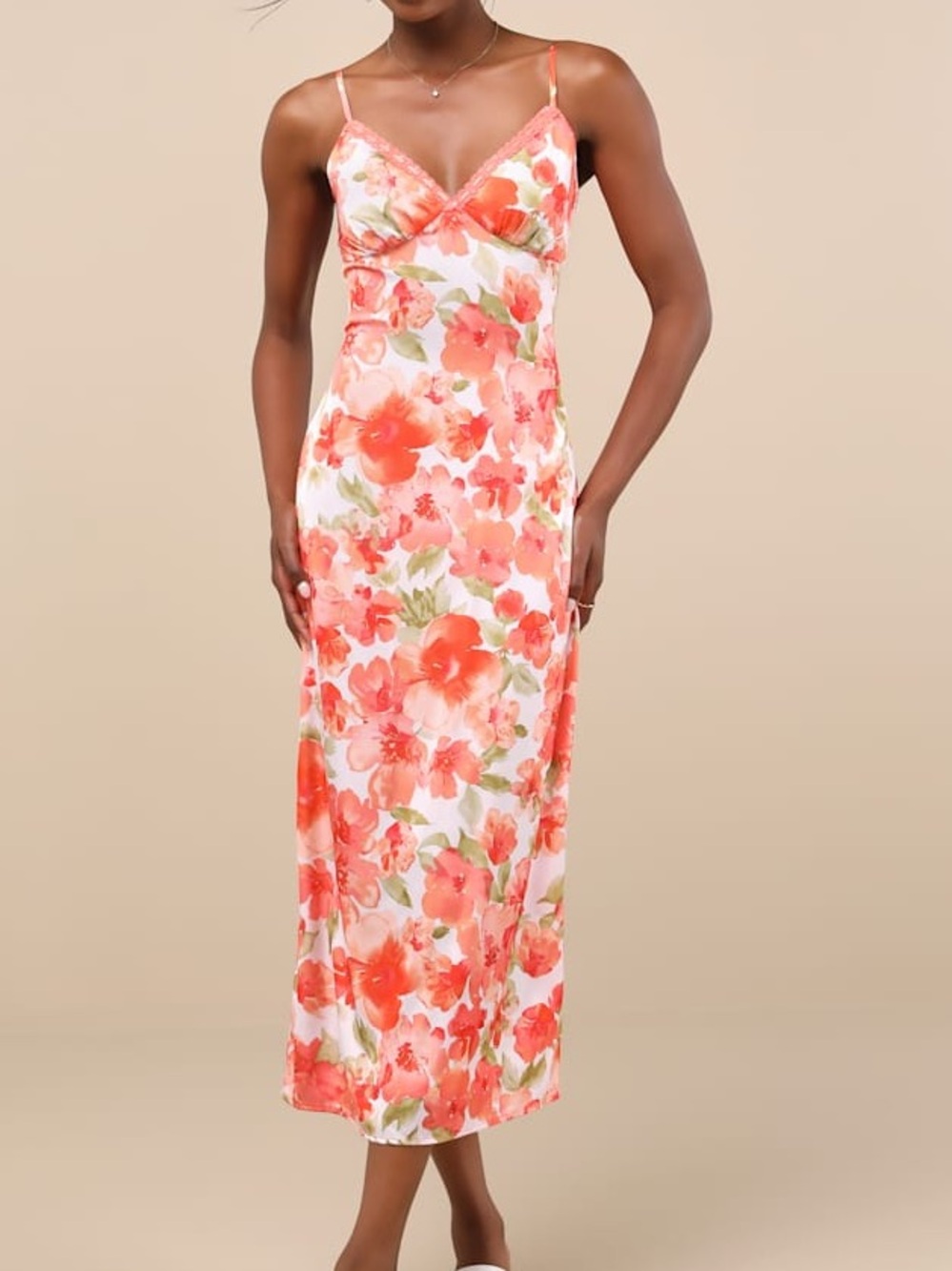 Lulu’s FLAW Mattie Orange Floral Satin Lace Midi Slip Dress Women’s XS NWT